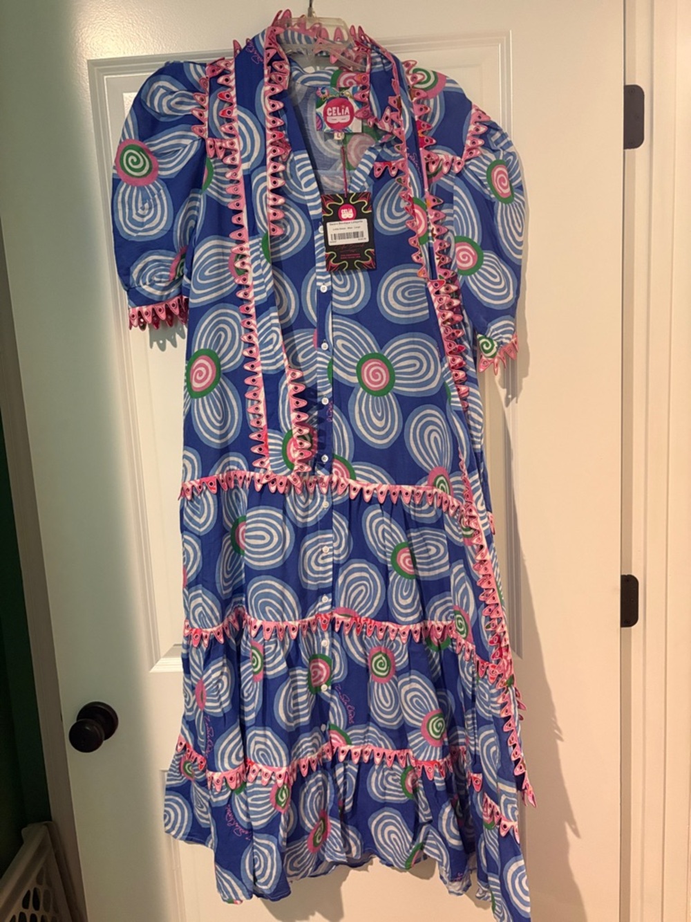 CeliaB Blue Swirl Floral Tiered Dress with Pink Trim Accents - Picture 1 of 3